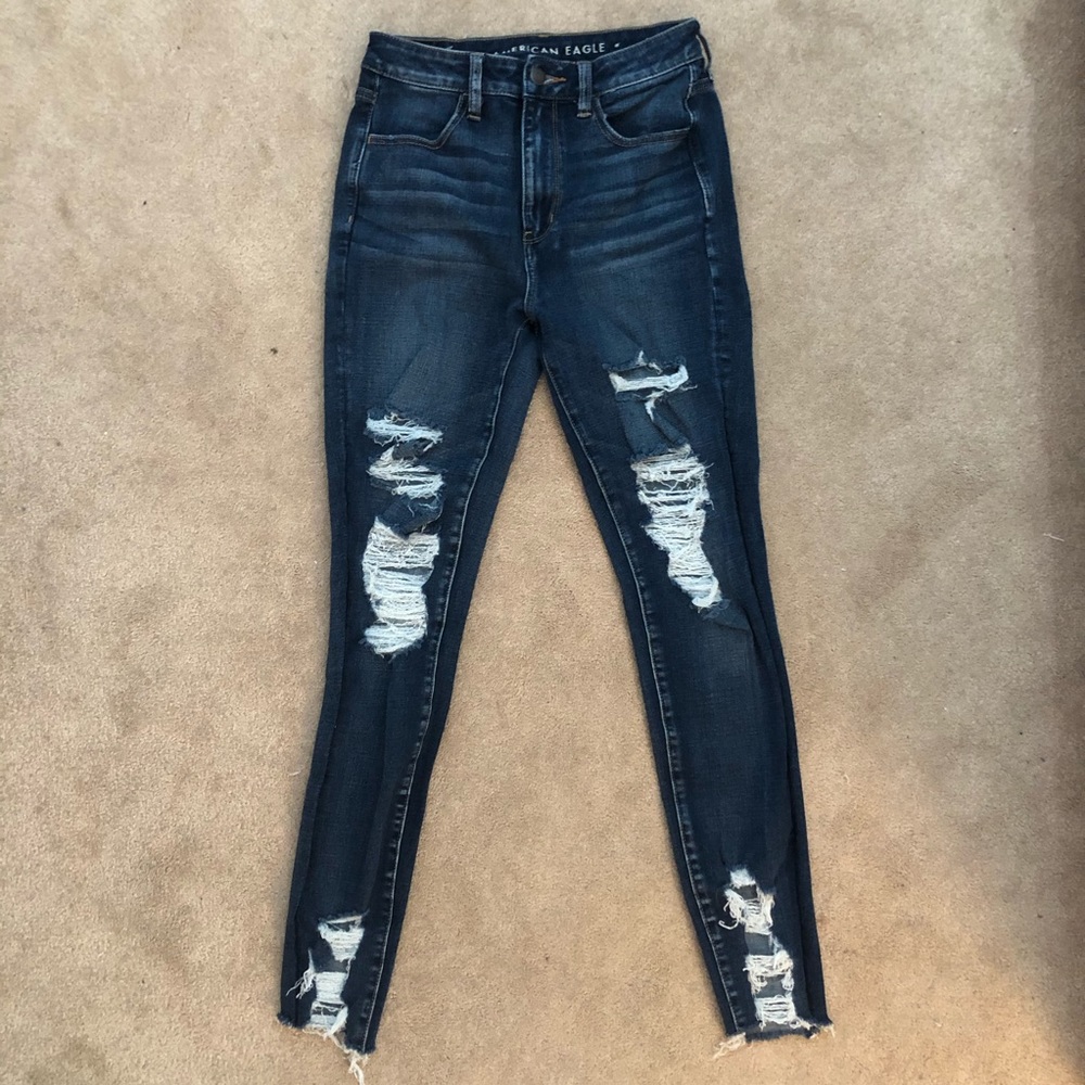 american eagle dark wash ripped skinny jeans